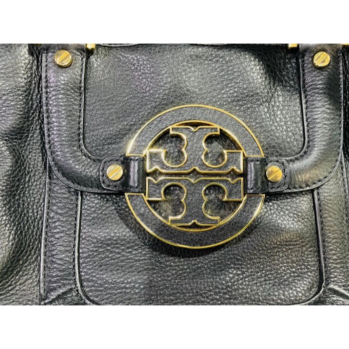 92成新正品~TORY BURCH 大TB logo黑色荔枝紋全牛皮托特包/斜背兩用包 軟厚牛皮乾淨無損傷-細節圖10