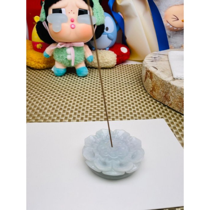 天然A貨緬甸玉 溫潤藍綠手工雕聚寶蓮臺翡翠香插 膠潤滿底色鐲心一開 工藝精緻厚庄全透光-細節圖9