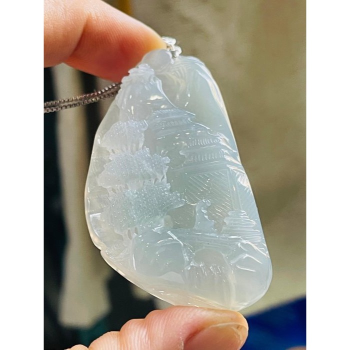天然A貨緬甸玉 老坑晴藍手工雕仙山瓊閣翡翠山水牌 冰瑪瑙底庄 勻稱冰藍滿色 起光感透字影 附台証-細節圖3