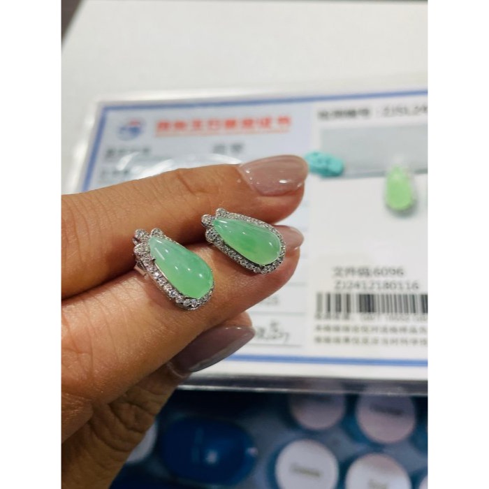 天然A貨緬甸玉 冰種薄荷綠水滴蛋面翡翠耳針/耳環 冰起光感勻稱滿底色 形飽滿無封底色澤一覽無遺-細節圖10