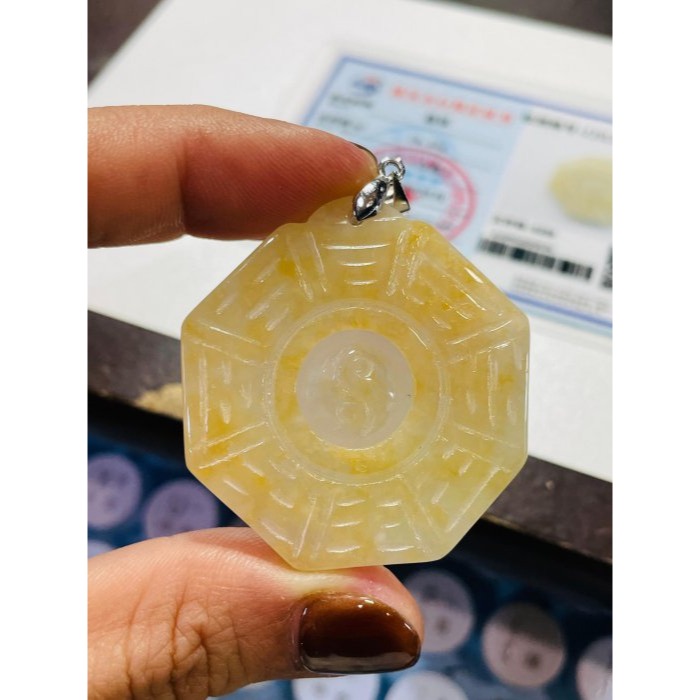 天然A貨緬甸玉 冰潤金黃雙彩太極八卦翡翠玉墜 起冰油黃霧層 包覆雪梨肉 帶冰感油度佳 大小易配戴-細節圖10