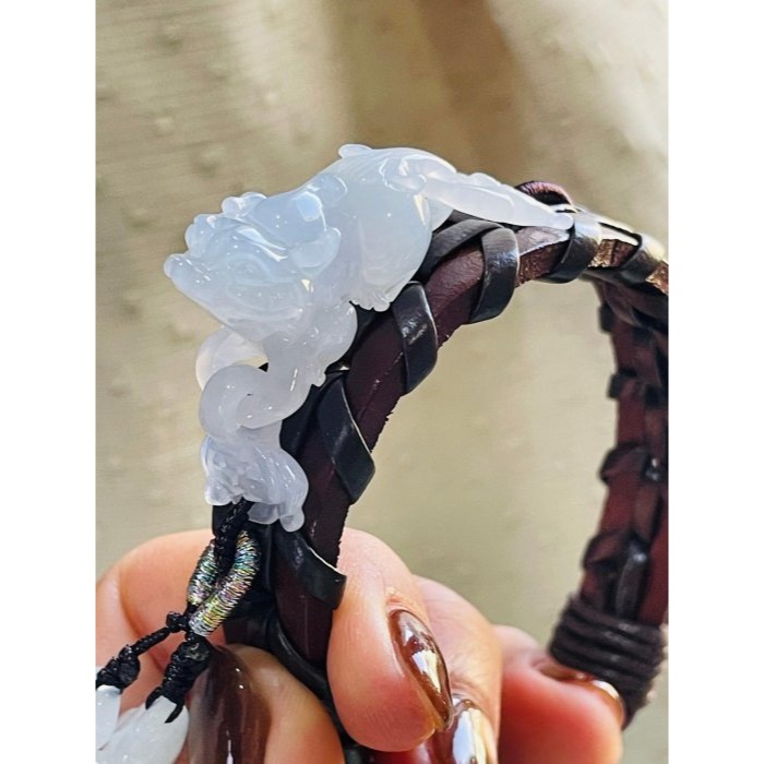 天然A貨緬甸玉 老坑白月光同心扣立體貔貅翡翠手牌/手環16~18cm 冰帶膠起光感 獨一手工作品-細節圖3