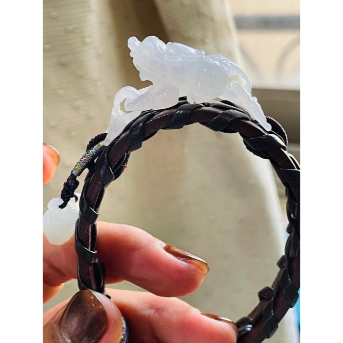 天然A貨緬甸玉 老坑白月光同心扣立體貔貅翡翠手牌/手環16~18cm 冰帶膠起光感 獨一手工作品-細節圖7