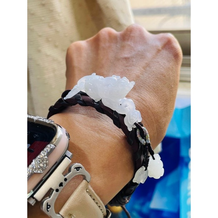 天然A貨緬甸玉 老坑白月光同心扣立體貔貅翡翠手牌/手環16~18cm 冰帶膠起光感 獨一手工作品-細節圖8