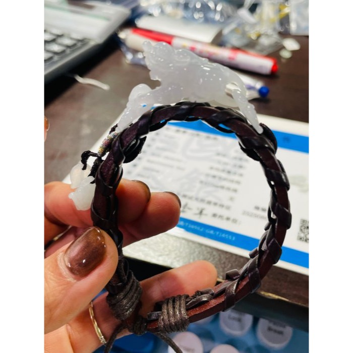 天然A貨緬甸玉 老坑白月光同心扣立體貔貅翡翠手牌/手環16~18cm 冰帶膠起光感 獨一手工作品-細節圖10