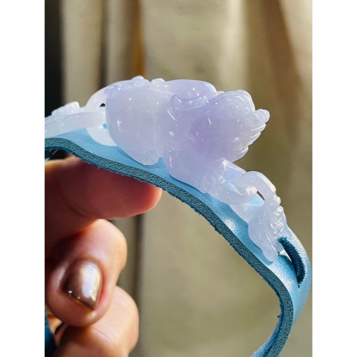 天然A貨緬甸玉 冰亮紫同心扣立體貔貅翡翠手牌/手環15~18cm 起冰過底紫 色艷聚色能見紫 精緻立體 獨一手創-細節圖5
