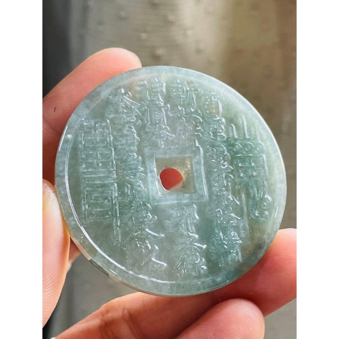 天然A貨緬甸玉 冰潤油青太上老君急急如律令翡翠玉墜 起冰透手滿色油綠  鐲心料一刀切牌形-細節圖3