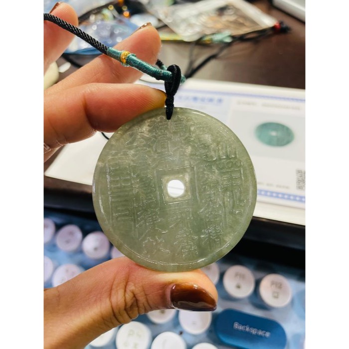 天然A貨緬甸玉 冰潤油青太上老君急急如律令翡翠玉墜 起冰透手滿色油綠  鐲心料一刀切牌形-細節圖10