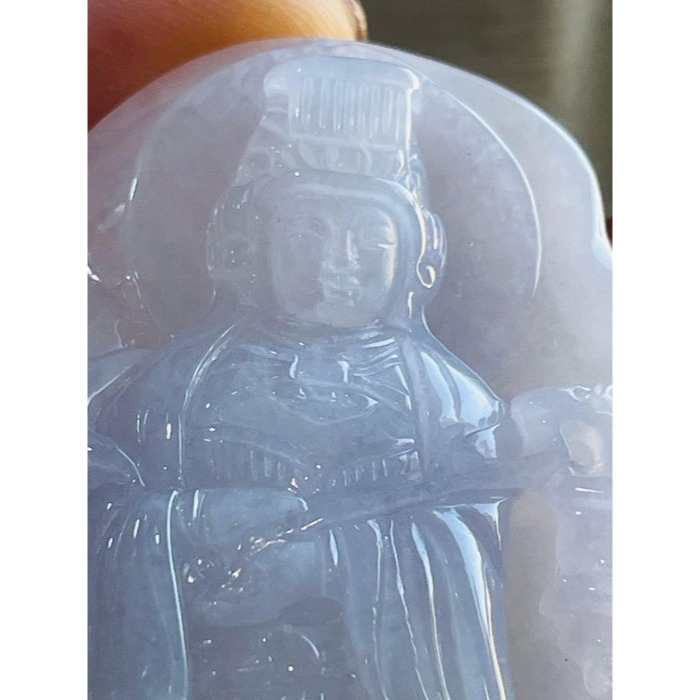 天然A貨緬甸玉 冰亮春彩雙面精工獨家版天上聖母/提燈媽祖翡翠佛牌 厚庄膠底妝 勻稱粉紫綠滿色 千順護航祖廟加持 精緻雙拋-細節圖3