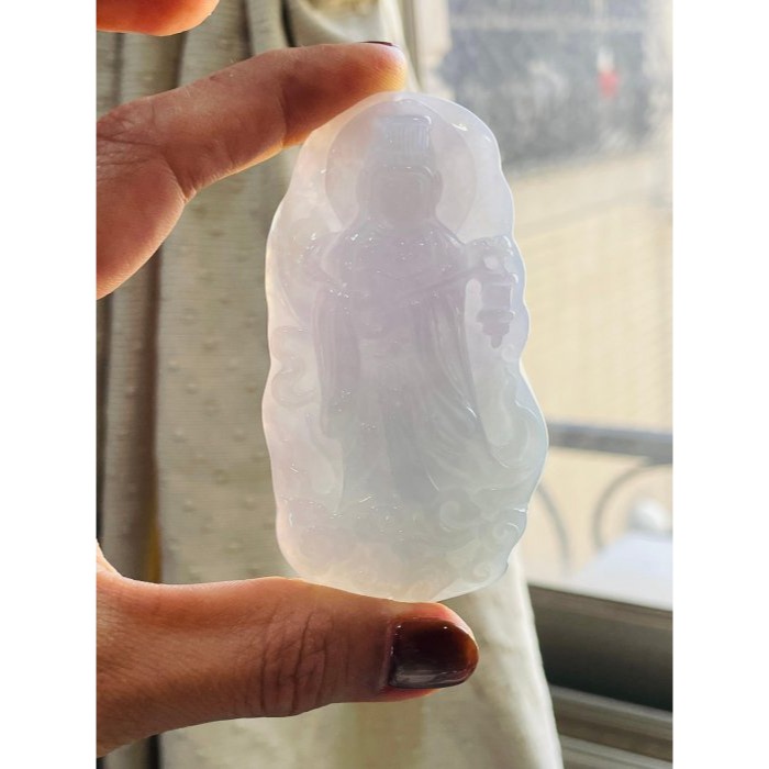 天然A貨緬甸玉 冰亮春彩雙面精工獨家版天上聖母/提燈媽祖翡翠佛牌 厚庄膠底妝 勻稱粉紫綠滿色 千順護航祖廟加持 精緻雙拋-細節圖8