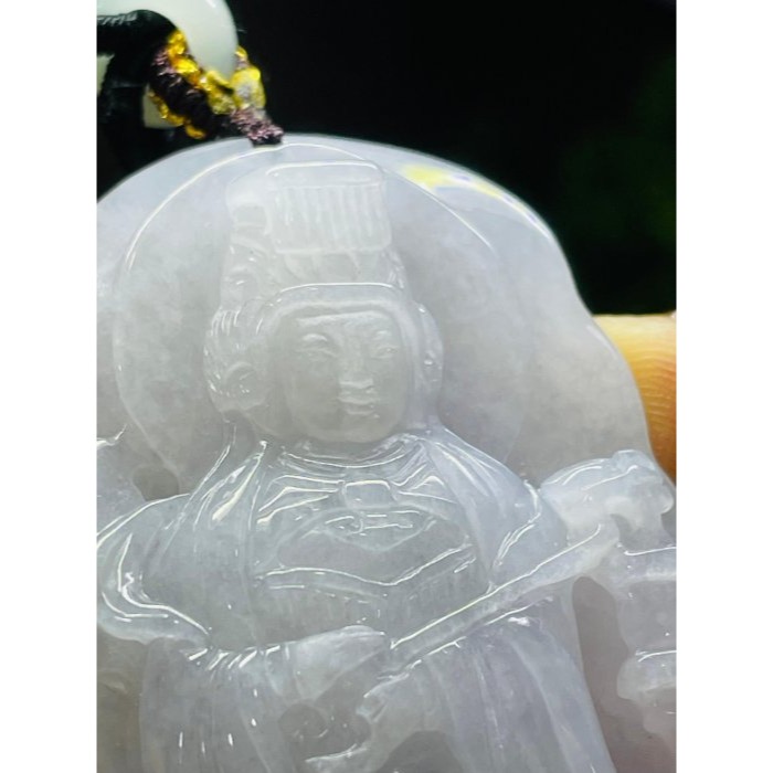 天然A貨緬甸玉 冰亮春彩雙面精工獨家版天上聖母/提燈媽祖翡翠佛牌 厚庄膠底妝 勻稱粉紫綠滿色 千順護航祖廟加持 精緻雙拋-細節圖9
