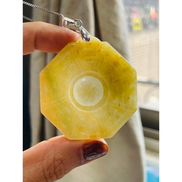 天然A貨緬甸玉 冰潤金黃雙彩太極大八卦翡翠玉墜 起冰油亮黃霧滿色 帶冰潤雪梨肉夾綠絲-細節圖7