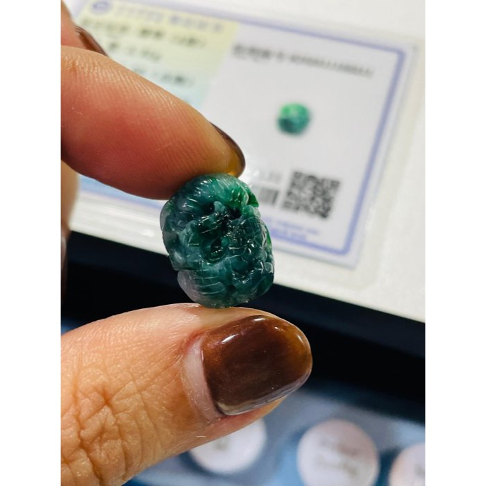 天然A貨緬甸玉 老坑藍水三彩360度手工環繞巧雕一條龍翡翠小龍珠 藍水陽綠白冰三彩過渡 藍多綠辣冰透-細節圖10