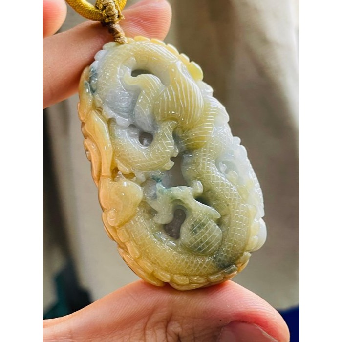 天然A貨緬甸玉 冰潤橙黃三彩手工環繞巧雕好運龍來翡翠龍牌 油亮橙黃霧滿滿包覆白冰俏藍花 色鮮亮乾淨-細節圖2