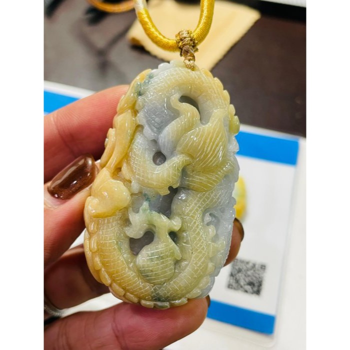 天然A貨緬甸玉 冰潤橙黃三彩手工環繞巧雕好運龍來翡翠龍牌 油亮橙黃霧滿滿包覆白冰俏藍花 色鮮亮乾淨-細節圖9
