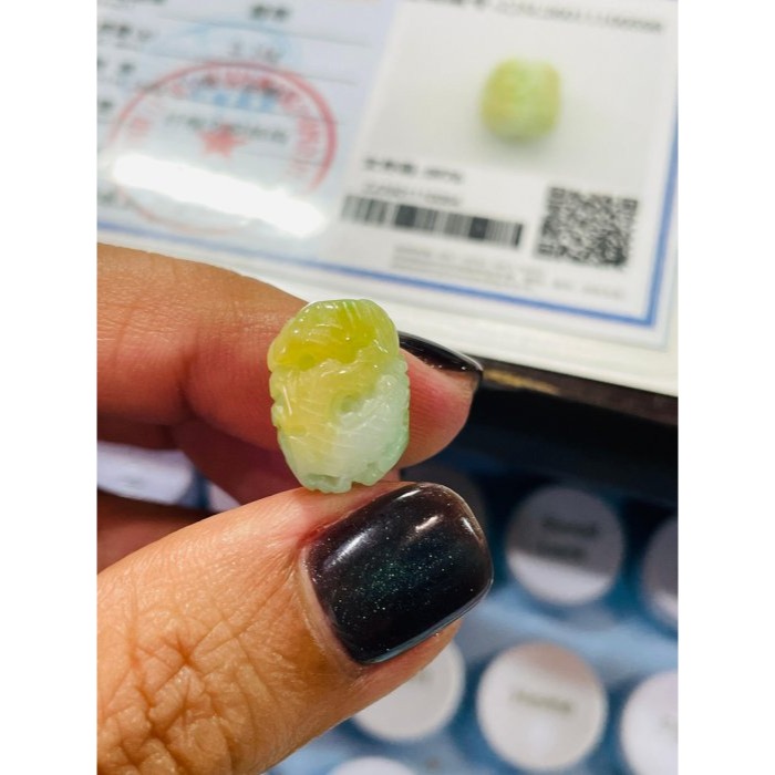 天然A貨緬甸玉 冰潤黃加綠三彩手工360度環繞微雕一條龍翡翠小龍珠 橙黃粉綠 白綠黃過渡色分明鮮亮-細節圖10