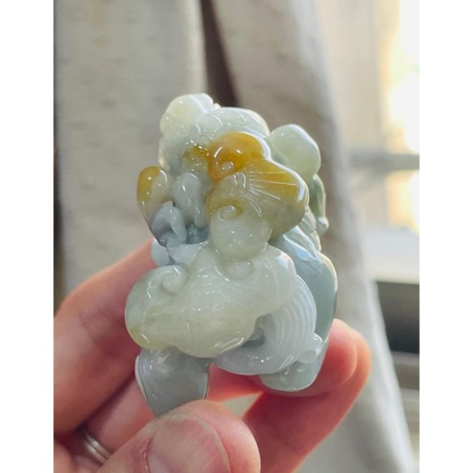 天然A貨緬甸玉 冰潤黃加綠漸變手工巧雕黃金滿載貔貅翡翠擺件 溫潤油亮有光澤 財氣罩頂金如意-細節圖2