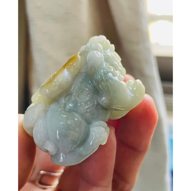 天然A貨緬甸玉 冰潤黃加綠漸變手工巧雕黃金滿載貔貅翡翠擺件 溫潤油亮有光澤 財氣罩頂金如意-細節圖4