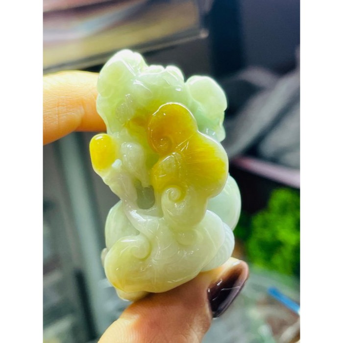 天然A貨緬甸玉 冰潤黃加綠漸變手工巧雕黃金滿載貔貅翡翠擺件 溫潤油亮有光澤 財氣罩頂金如意-細節圖8