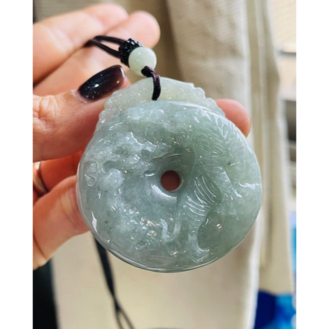 天然A貨緬甸玉 冰潤油青上山虎翡翠虎牌 冰膠透光淺色油青滿色 肥厚飽滿平安扣牌形-細節圖2