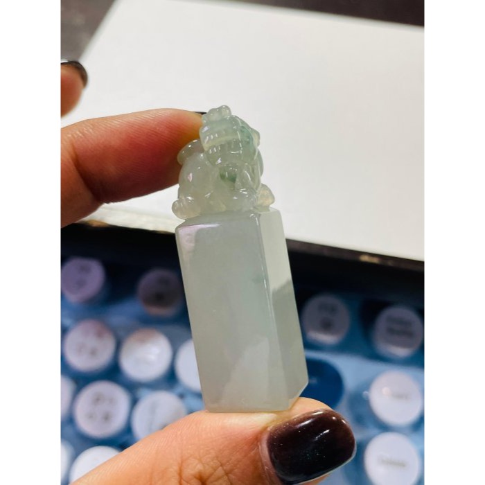 天然A貨緬甸玉 冰飄花手工雕錢來貔貅翡翠印章/私章/方印 冰膠瑪瑙底乾淨無棉好水頭 背馱古錢 財氣沖天-細節圖10