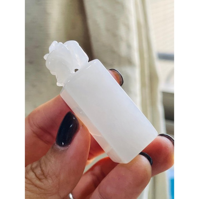 天然A貨緬甸玉 白冰手工雕天祿/三角貔貅翡翠印章/方印/私章 冰潤乾淨純色好水頭 1.6公分印體-細節圖3
