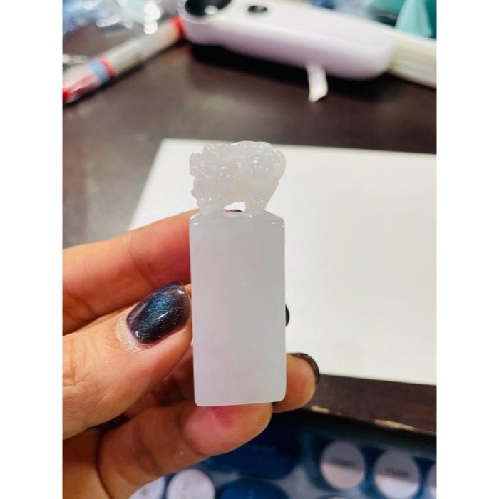 天然A貨緬甸玉 白冰手工雕天祿/三角貔貅翡翠印章/方印/私章 冰潤乾淨純色好水頭 1.6公分印體-細節圖11
