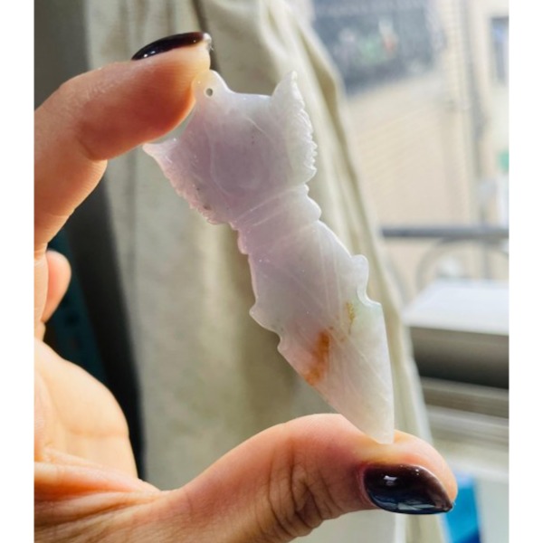 天然A貨緬甸玉 冰潤煙紫三彩金剛杵/降魔杵翡翠玉墜/掛件 滿煙紫底色 粉綠蜜黃添彩 厚庄立體雕工-細節圖7