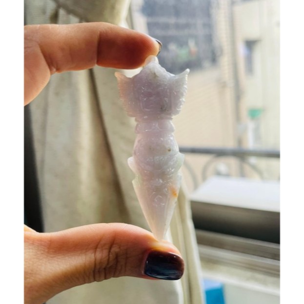 天然A貨緬甸玉 冰潤煙紫三彩金剛杵/降魔杵翡翠玉墜/掛件 滿煙紫底色 粉綠蜜黃添彩 厚庄立體雕工-細節圖8