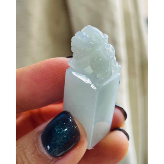 天然A貨緬甸玉 老坑藍綠滿色手工雕錢來貔貅翡翠印章/私章/方印 過底勻稱滿底色 福氣大頭 背馱銅錢 吞財不漏-細節圖6