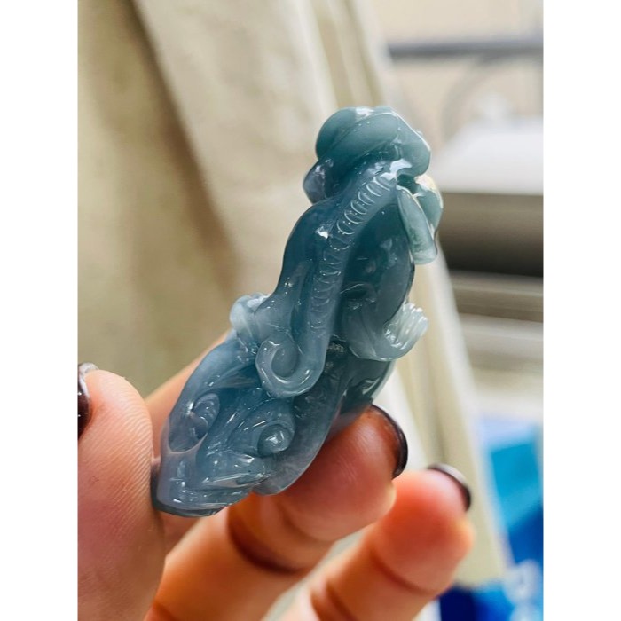 天然A貨翡翠 冰潤危藍滿色天祿承財翡翠玉墜 瓜料 膠潤無棉藍綠 精雕全立體貔貅緊抓飽滿如意.銅錢-細節圖5