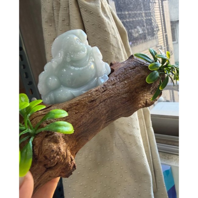 天然A貨緬甸玉 老坑藍綠全立體雕彌勒佛/佛公翡翠擺件 細潤芙蓉底庄 乾淨清爽天空藍底色-細節圖2