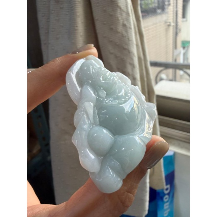 天然A貨緬甸玉 老坑藍綠全立體雕彌勒佛/佛公翡翠擺件 細潤芙蓉底庄 乾淨清爽天空藍底色-細節圖3