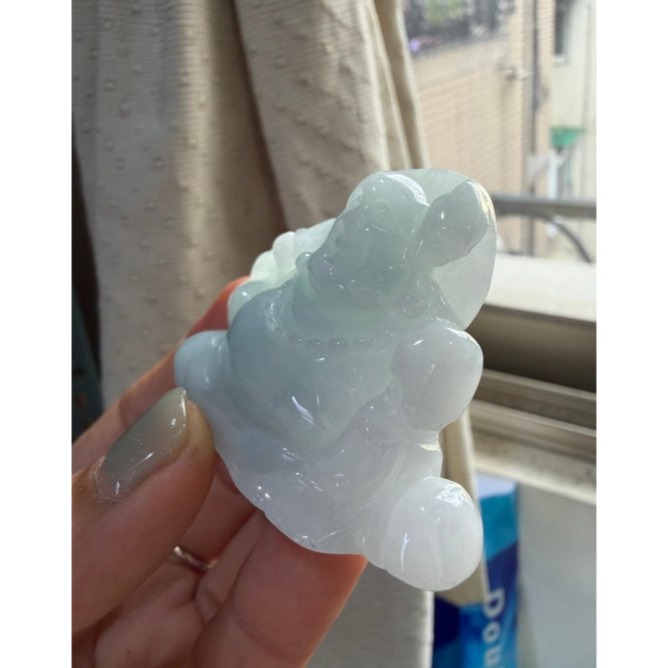 天然A貨緬甸玉 老坑藍綠全立體雕彌勒佛/佛公翡翠擺件 細潤芙蓉底庄 乾淨清爽天空藍底色-細節圖4