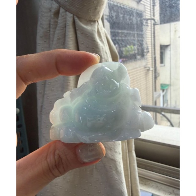 天然A貨緬甸玉 老坑藍綠全立體雕彌勒佛/佛公翡翠擺件 細潤芙蓉底庄 乾淨清爽天空藍底色-細節圖8