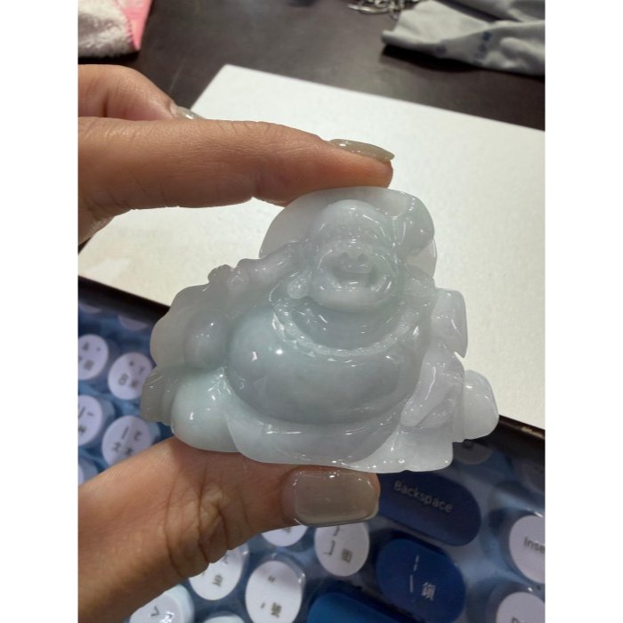 天然A貨緬甸玉 老坑藍綠全立體雕彌勒佛/佛公翡翠擺件 細潤芙蓉底庄 乾淨清爽天空藍底色-細節圖9