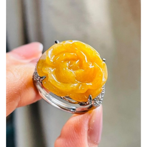 天然A貨緬甸玉 老坑蜜黃手工巧雕點石成金花開富貴翡翠玉戒/戒指 起冰滿色 老熟蜜蠟成色 油潤光澤自現-細節圖3