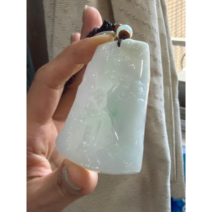 天然A貨緬甸玉 細潤粉春彩悠然自得翡翠山水牌 透光乾淨細肉 粉嫩紫綠底色 透手影一刀切方正牌形-細節圖3
