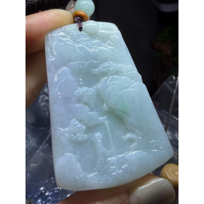 天然A貨緬甸玉 細潤粉春彩悠然自得翡翠山水牌 透光乾淨細肉 粉嫩紫綠底色 透手影一刀切方正牌形-細節圖8