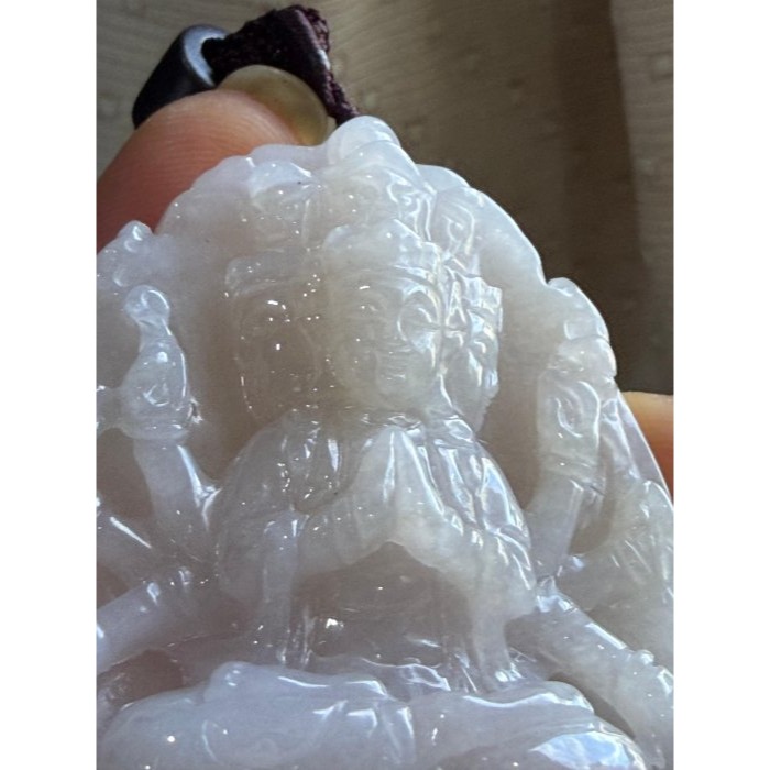 天然A貨緬甸玉 冰膠粉紫漸層七佛頂準提菩薩翡翠佛牌 底妝膠潤 粉紫粉橘滿色 厚庄立體一刀切 透手影-細節圖2