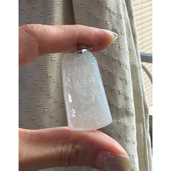 天然A貨緬甸玉 老坑白月光琴瑟和鳴翡翠龍鳳牌(一對) 冰種瑪瑙底裝 白透粉嫩 透字一刀切小方牌-細節圖4