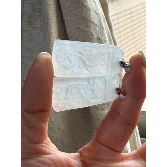 天然A貨緬甸玉 老坑白月光琴瑟和鳴翡翠龍鳳牌(一對) 冰種瑪瑙底裝 白透粉嫩 透字一刀切小方牌-細節圖8