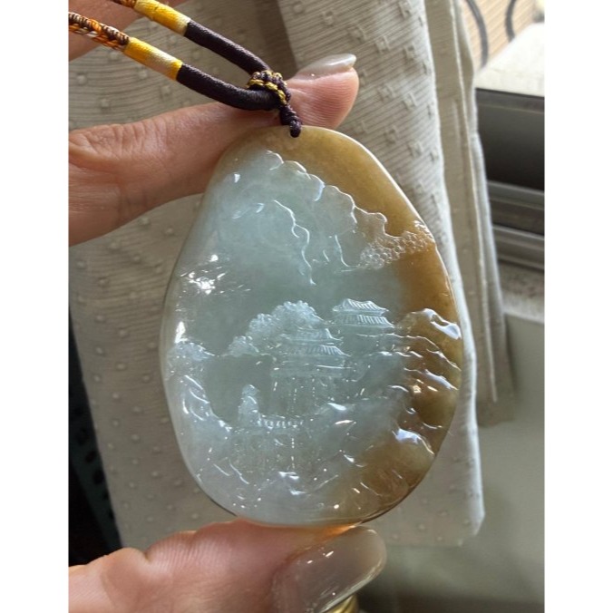 天然A貨緬甸玉 老坑黃加綠雙彩手工雕雲山福境翡翠山水牌 起冰老熟橙黃包藍綠肉 油潤色分明 牙籤精工-細節圖2