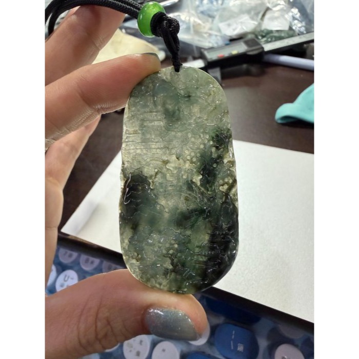 圈粉結緣價~天然A貨緬甸玉 冰飄藍花意境雕貴人提攜翡翠山水牌 滿滿過底大抹藍花 灑金添彩 易配大小-細節圖8