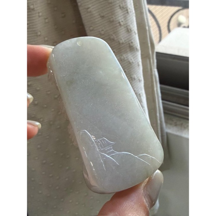 圈粉結緣價~天然A貨緬甸玉 膠潤梨黃貴人駕到翡翠山水牌 扎實老糯底妝 全透光 厚實雕工立體-細節圖5