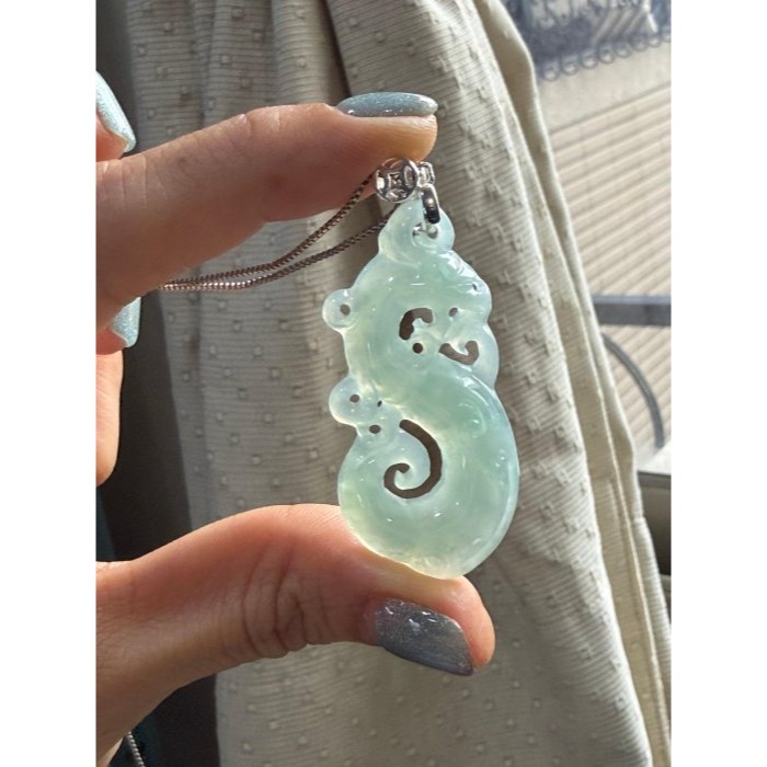 天然A貨緬甸玉 老坑藍綠鏤空雕龍騰如意翡翠小龍牌 泛光冰膠底 起剛光滿底色 仿古龍 螭龍-細節圖2