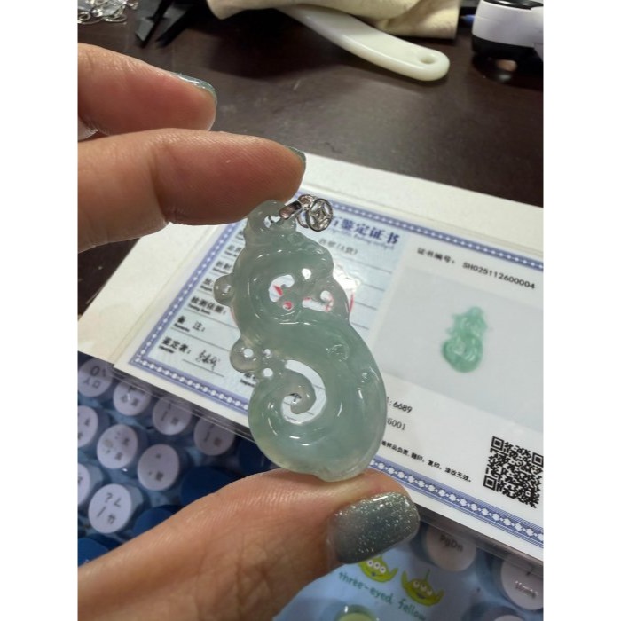 天然A貨緬甸玉 老坑藍綠鏤空雕龍騰如意翡翠小龍牌 泛光冰膠底 起剛光滿底色 仿古龍 螭龍-細節圖9
