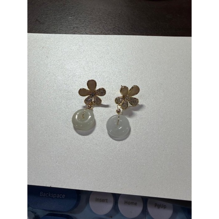 天然A貨緬甸玉 白冰平安扣翡翠耳針/耳環 雙色精緻小花鏤空銀貝殼 完美平安扣-細節圖10