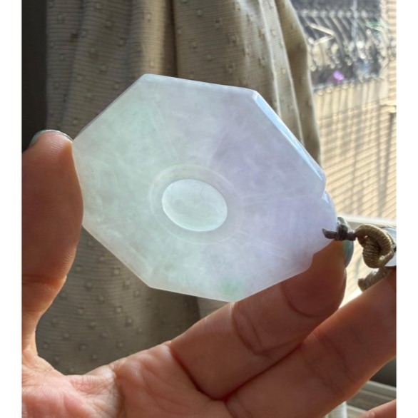 天然A貨緬甸玉 冰潤粉春彩太極大八卦翡翠玉墜 顯色粉嫩紫帶粉綠 色滿過底聚色俏一抹綠花-細節圖6