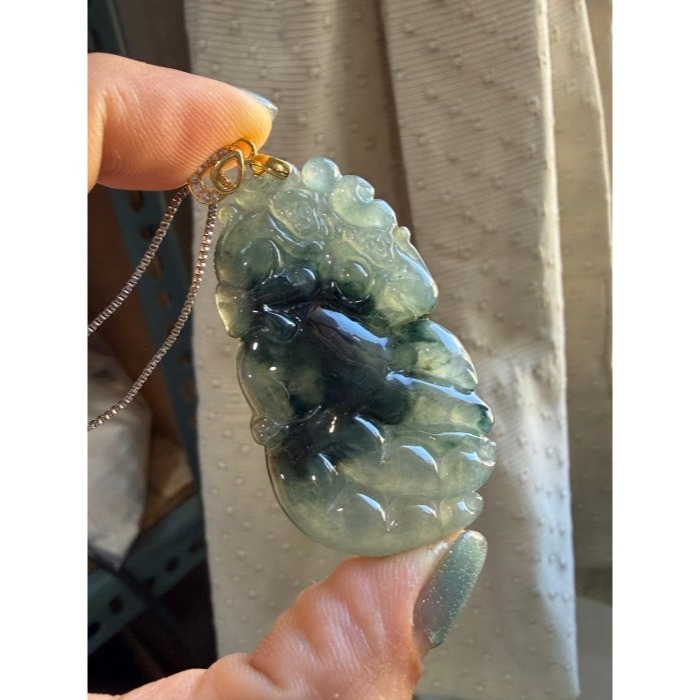 天然A貨緬甸玉 放光 高冰藍水漸變手工雕福星高照翡翠玉墜 泛光起剛光佛手瓜 雙猴捧桃-細節圖2